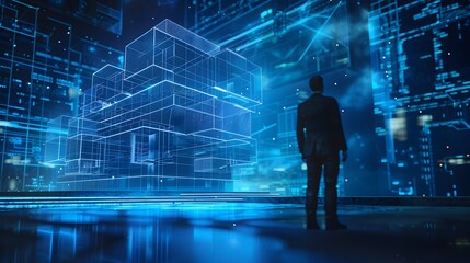 Obraz premium High-tech real estate investment concept featuring a business man and a blue hologram of a modern architectural design