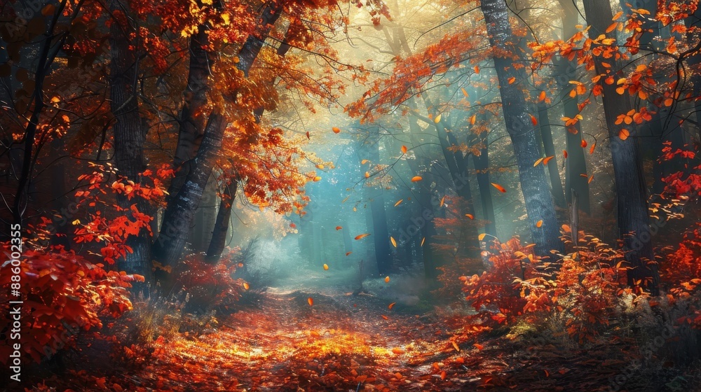 Poster A path through a forest in autumn, with colorful leaves changing color and falling from the trees. The path is covered in fallen leaves, and the forest is shrouded in mist, creating an ethereal and en