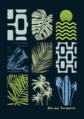 Editable illustration of composition with elements of the city of Rio de Janeiro. Art with tropical summer motifs.