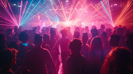 Vibrant Neon Party Scene with Dancing Crowd and Laser Lights
