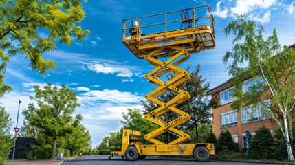 A yellow boom lift and scissor lift stand on the side of a street with trees and a blue sky in the background.