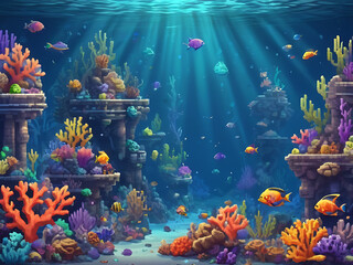 A pixel art underwater scene with colorful coral reefs, fish, and sunken treasures, suitable for underwater exploration games.
