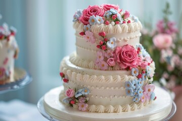 Two tiered wedding cake decorated with pink and blue flowers standing on a white plate