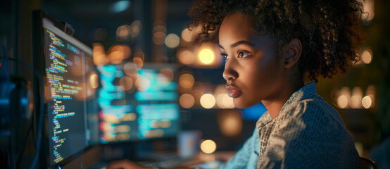 A Black IT Ethical Hacker and Software Developer Analyzing Artificial Intelligence Threats in a Dark Office, African American Cybersecurity Analyst Utilizing Generative AI