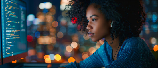 A Black IT Ethical Hacker and Software Developer Analyzing Artificial Intelligence Threats in a Dark Office, African American Cybersecurity Analyst Utilizing Generative AI