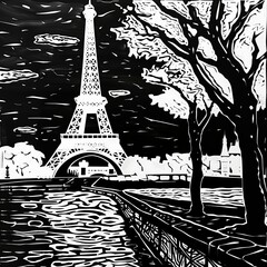 Black and white artistic illustration of the Eiffel Tower with trees and a riverside in view, showcasing iconic Parisian scenery.