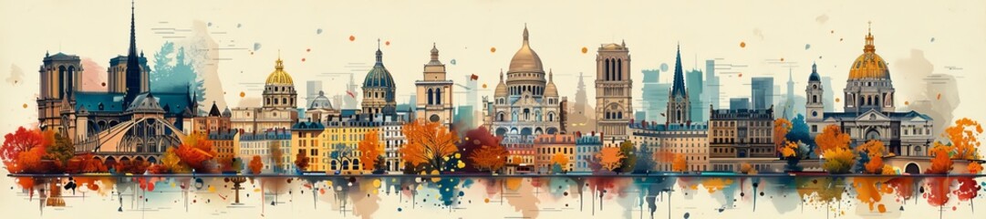 Fototapeta premium Beautiful cityscape watercolor painting with historical landmarks and vibrant autumn colors reflected in water, creating a serene, artistic vibe.
