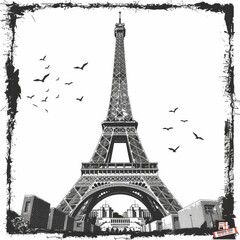 Obraz premium Black and white illustration of the Eiffel Tower with flying birds and rustic border design for a unique artistic touch.