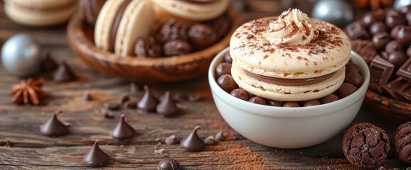 Macaron preparations bag with cream and a bowl of chocolate balls with silver decorations, Image Background