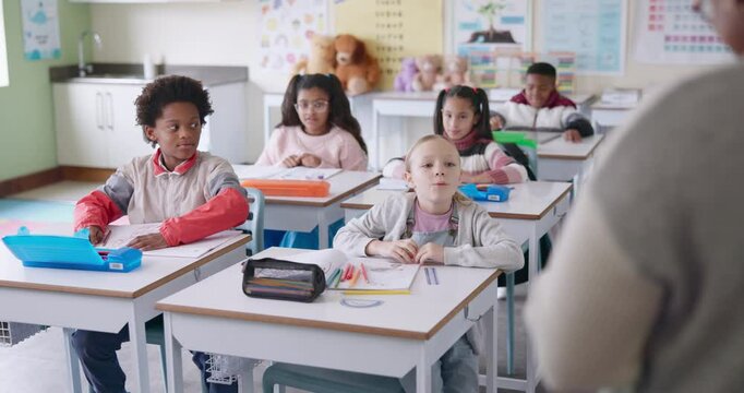 Students, children and hands for answer in classroom with question, knowledge or learning in education. Teacher, diversity group or curious at school with study, solution or feedback for exam or test