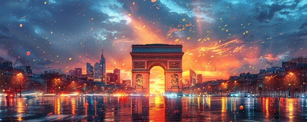 Iconic Arc de Triomphe in Paris at Twilight   Aerial Art with Watercolor and Light Effects