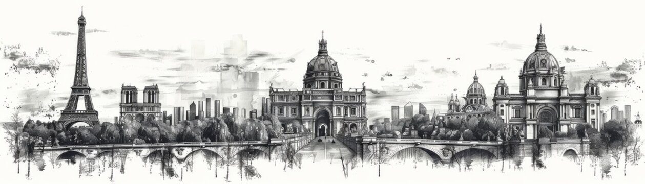 Hand-drawn black and white sketch of Paris skyline including Eiffel Tower and famous landmarks. Elegant and detailed urban cityscape illustration.
