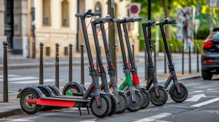 Fototapeta premium Electric scooters are widely available for rent in European city centers. They are often parked outside public transportation hubs.