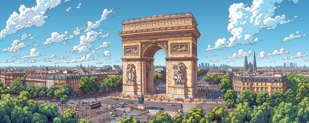 Fototapeta premium Iconic Arc de Triomphe in Paris Captured from Drone Detailed in Pen Drawing Style