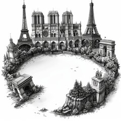 Obraz premium Iconic French Landmarks Arranged in Detailed Wood Carving Art for T shirt Design