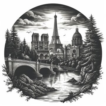 paris cityscape monochrome drawing clip art preview
