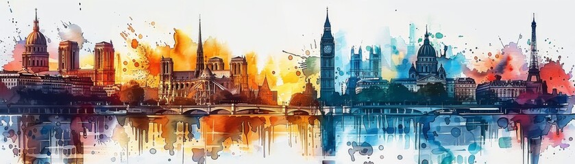 Obraz premium Iconic French Landmarks in Vibrant Watercolor Art for T Shirt Print