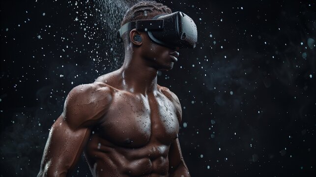 Muscular African American Boxer Training with Virtual Reality Glasses on Black Background: Sweat, Immersion, Esports, Gaming.