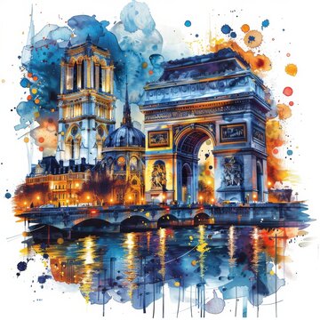 recommend clip art: Iconic French Landmarks in Vibrant Art with Watercolor and Ink Splashes for T Shirt Designs and Notepaper Cover