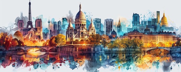 Fototapeta premium Iconic Landmarks of France Depicted in Vibrant with Watercolor and Ink Elements