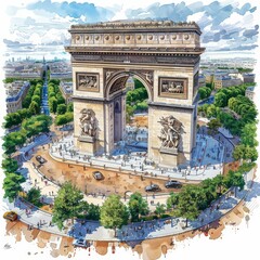 Majestic Arc de Triomphe Monument Aglow in the Parisian Twilight with Streaks of Car Lights Surrounding the Iconic Landmark