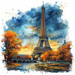 Obraz premium Majestic Eiffel Tower Captured in Vibrant Art with Intricate Architectural Details and Atmospheric Surroundings