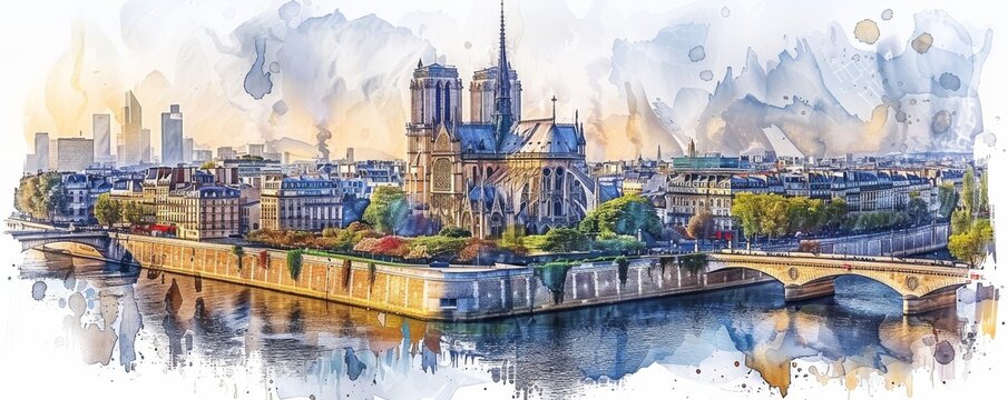 Stunning Aerial View of the Iconic Notre Dame Cathedral in Paris France Designed as a Graphic Art for T Shirt Prints