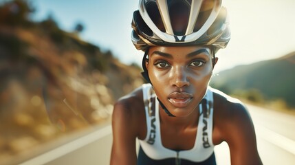 Fototapeta premium Dynamic Female Cyclist Conquers Sunny Road in Professional Gear with Sleek Helmet