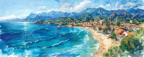 Stunning Aerial View of Picturesque Cote d Azur Coastline in Art with Watercolor Splashes