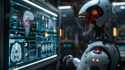 Fototapeta premium Futuristic AI Robot Monitors Vital Signs, Interfaces with Skeletal Structure, Organs, and Nervous System, Advancing Medical Technology and Healthcare Innovation.