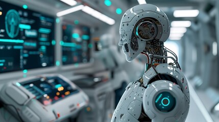 Fototapeta premium Futuristic AI Robot Monitors Vital Signs, Interfaces with Skeletal Structure, Organs, and Nervous System, Advancing Medical Technology and Healthcare Innovation.