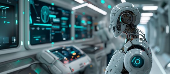 Fototapeta premium Futuristic AI Robot Monitors Vital Signs, Interfaces with Skeletal Structure, Organs, and Nervous System, Advancing Medical Technology and Healthcare Innovation, Copy Space