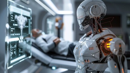 Fototapeta premium Advanced AI Robot Caring for Patient, Monitoring Vital Signs and Internal Organ Health, Revolutionizing Medical Technology