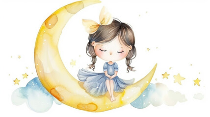 A little girl sits on a crescent moon watercolor drawing for children isolated on a white background, good night kids