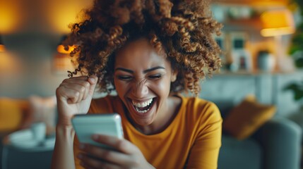 Excited African American woman celebrating a victory on her smartphone, web app and mobile app: betting, games, cryptocurrency exchanges, rewards, and social fun, comfortable living.