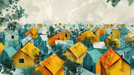 Refugee camp flat design top view crisis theme water color Triadic Color Scheme