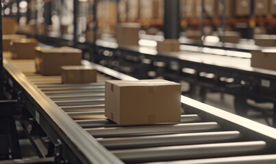 Close-up of Multiple Cardboard Boxes Moving Seamlessly Along Conveyor Belt in Warehouse Fulfillment Center, Showcasing E-commerce, Delivery, Automation, and Product Packaging Inspection, AI-Generated,