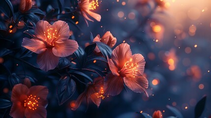Fototapeta premium Enchanting Night Blooms, Abstract Branch with Luminous Flowers and Bokeh Lights, 3D Rendering.