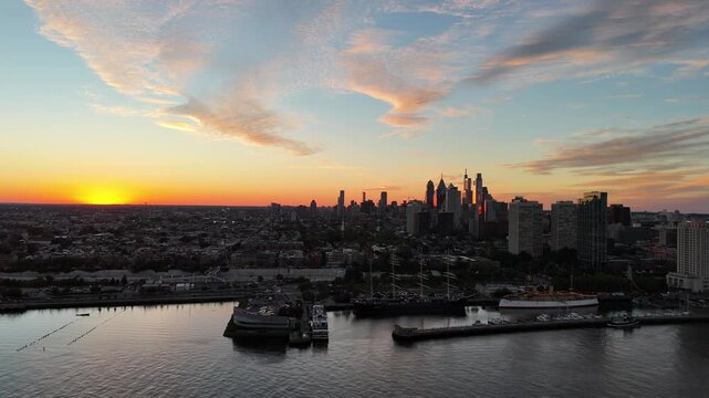 Aerial View of Sun Setting Behind Center City Philadelphia
