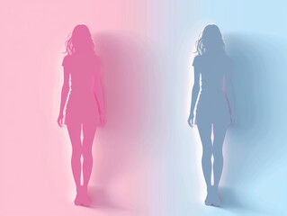 Silhouette of a woman's body in pink color on a white background, flat design, simple vector illustration in the style of minimalism, front view, full length with no face