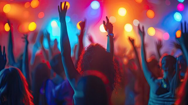 Group of people dancing and celebrating at a music festival, illustrating joyful events