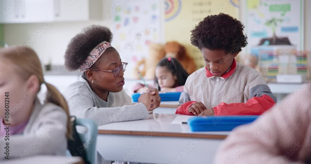 Poster School, maths and teacher help student in classroom for learning, assignment and numbers lesson. Education, teaching and woman explain to boy for question, development and studying for assessment