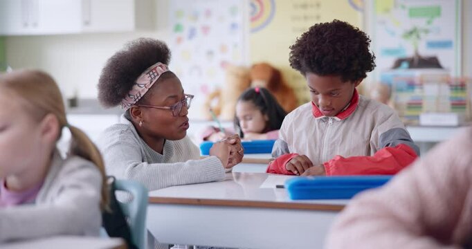 School, maths and teacher help student in classroom for learning, assignment and numbers lesson. Education, teaching and woman explain to boy for question, development and studying for assessment