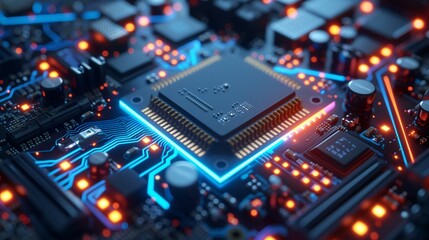 Obraz premium Future-Tech Processor and Circuitry Aglow in Dynamic Blue and Orange Lights. 