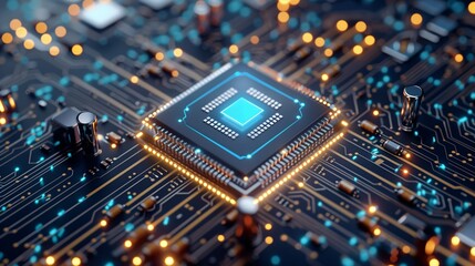 Future-Tech Processor and Circuitry Aglow in Dynamic Blue and Orange Lights. 