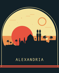 Alexandria city retro style poster with skyline, cityscape. Egypt vintage vector illustration. Travel front cover, brochure, flyer, leaflet template, layout image