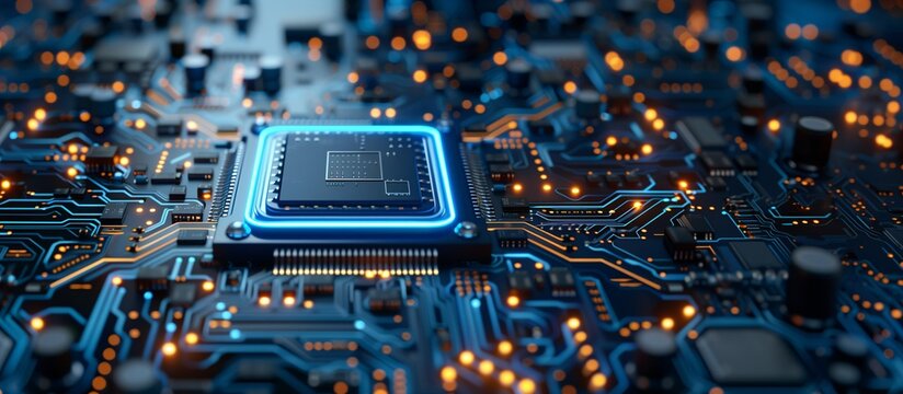 Future-Tech Processor and Circuitry Aglow in Dynamic Blue and Orange Lights, Copy Space.  - Powered by Adobe