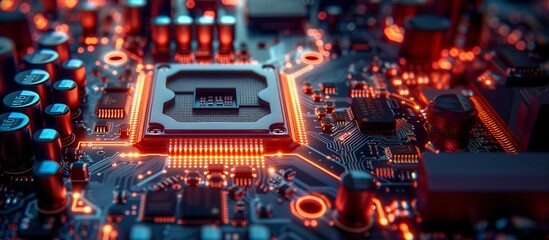 Obraz premium Future-Tech Processor and Circuitry Aglow in Dynamic Blue and Orange Lights, Copy Space. 