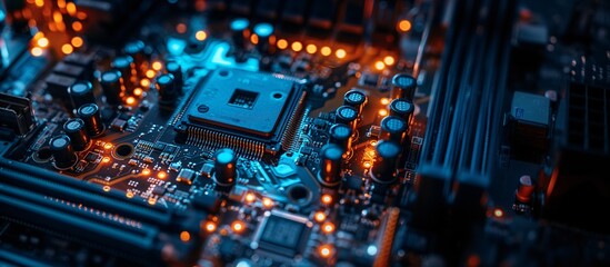 Obraz premium Future-Tech Processor and Circuitry Aglow in Dynamic Blue and Orange Lights, Copy Space. 