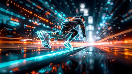 A person running in advanced luminous sneakers in a cyberpunk style, against a backdrop of a neon-lit cityscape with bokeh and multicolored night lights.